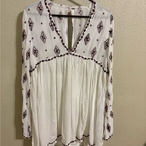 Free People White & Burgundy Embroidered Boho Tunic Top Small